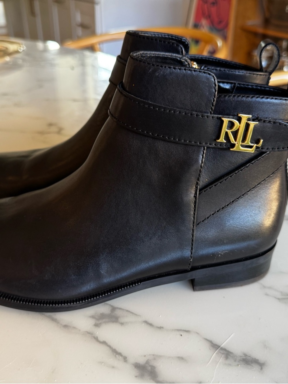Lauren Ralph Lauren Black Leather Ankle Booties with Gold Hardware
